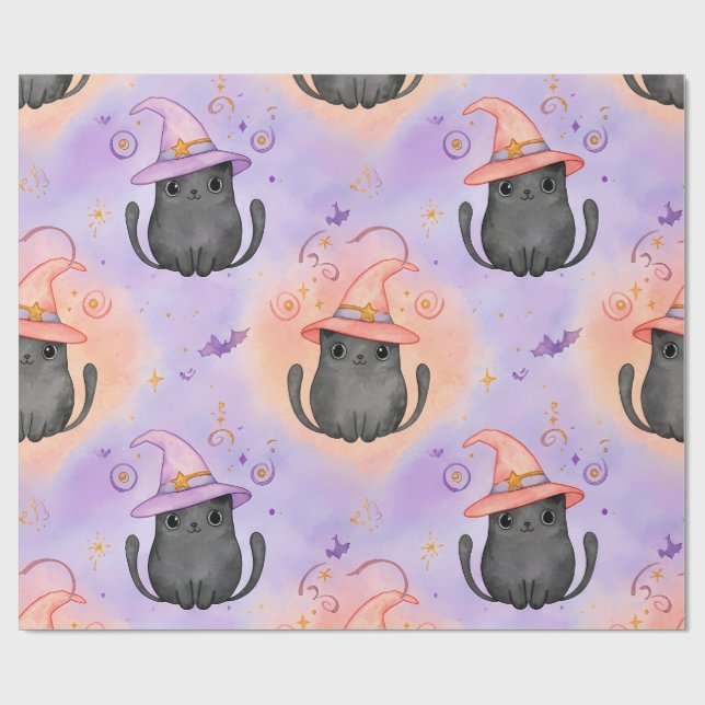 Witchy Whiskers – Pastel Halloween Cat Pattern Wrapping Paper (Flat)