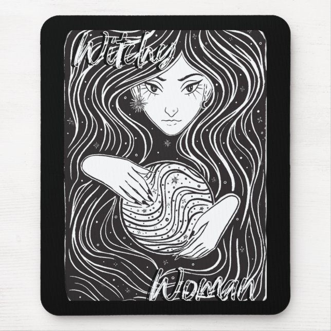 Witchy Woman Artistic Black and White Mouse Mat (Front)