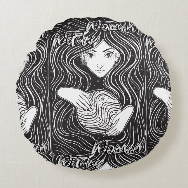 Witchy Woman Artistic Black and White Throw Pillow (Front)