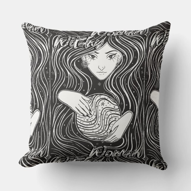 Witchy Woman Artistic Black and White Throw Pillow (Front)