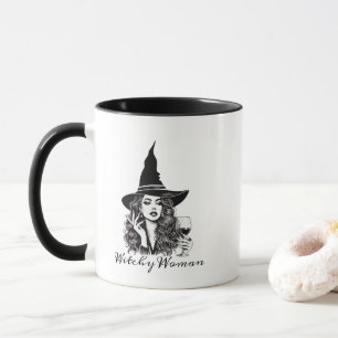 Witchy Woman, Black Elegant Witch holding Wine Mug