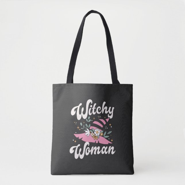 Witchy Woman Funny Pink Witch Halloween Tote Bag (Front)