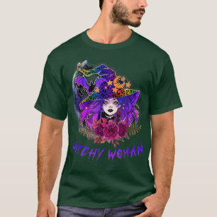 Witchy Woman Hat Leopard Floral Witches Halloween T-Shirt