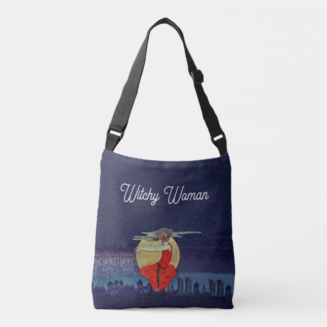 Witchy Woman in Red Floating over City Moon Blue Crossbody Bag (Front)