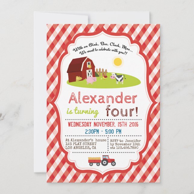 WITH AN OINK, BAA, CLUCK, MOO FARM BIRTHDAY PARTY INVITATION (Front)