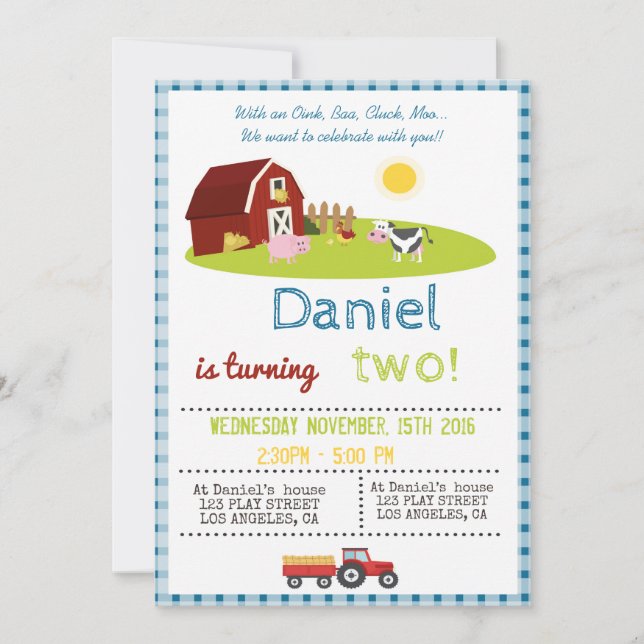 WITH AN OINK, BAA, CLUCK, MOO FARM BIRTHDAY PARTY INVITATION (Front)