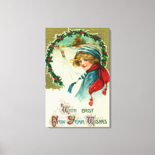 With Best New Year Wishes Sledding Scene Canvas Print