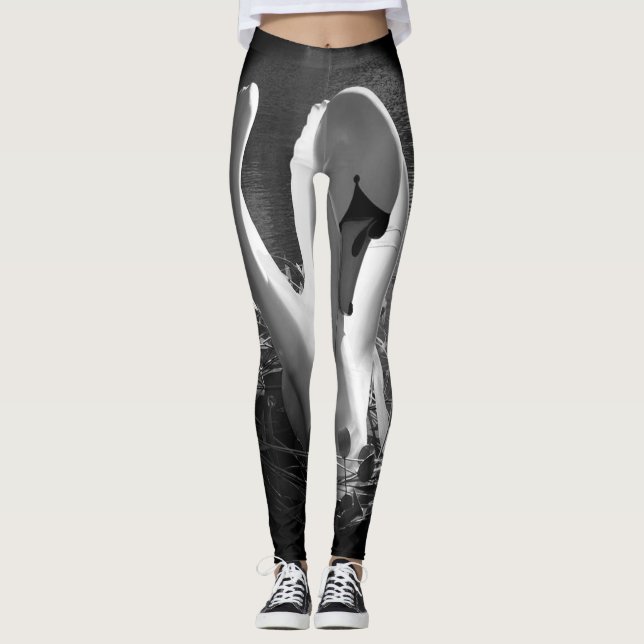With black and white stylized swan image leggings (Front)