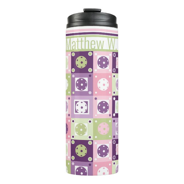 With custom name Green & purple Pickleballs  Thermal Tumbler (Front)