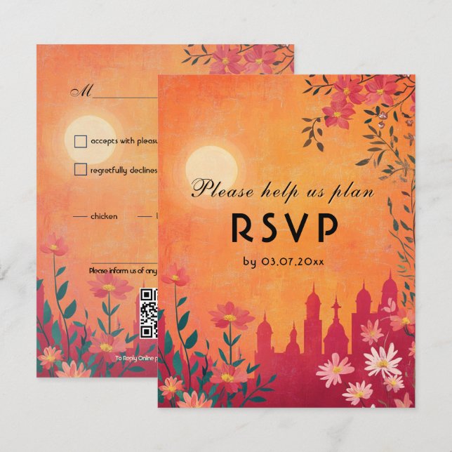 With dietary choice  Sunset Serenade Wedding RSVP Card (Front/Back)