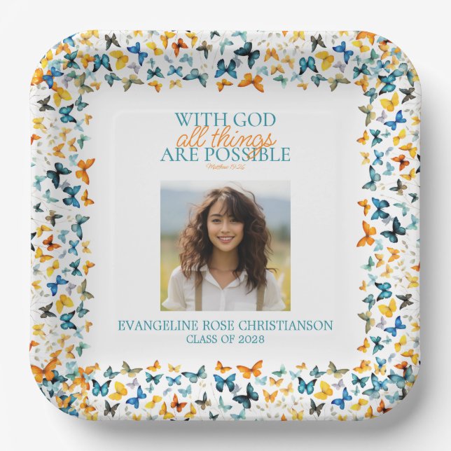With God All Things are Possible Butterfly Grad  Paper Plate (Front)