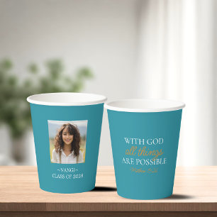 With God All Things Are Possible Teal Pic Grad Paper Cups