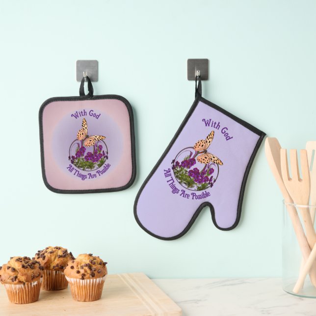 With God Butterfly Flower Art Inspirational  Oven Mitt & Pot Holder Set (Insitu(Hanging))