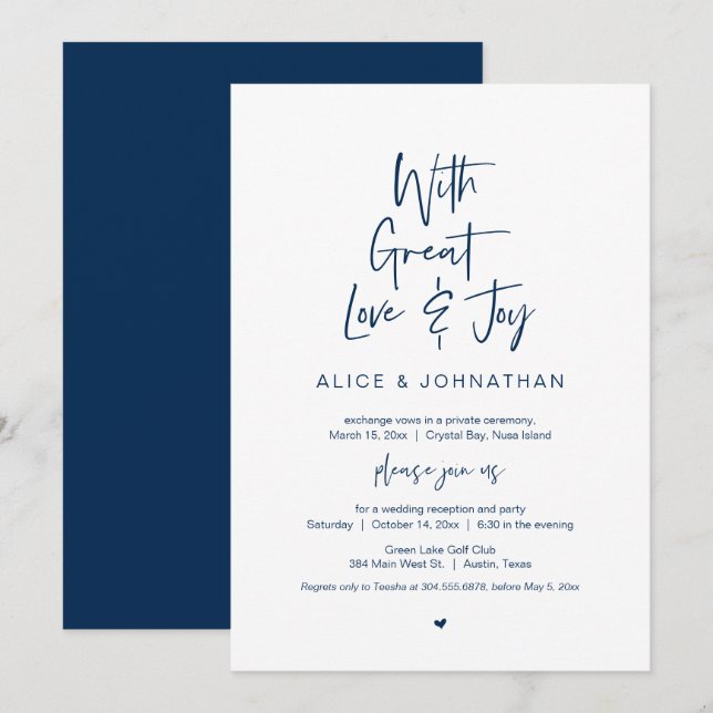 With Great Love, Joy, Navy Blue, Wedding Elopement Invitation (Front/Back)