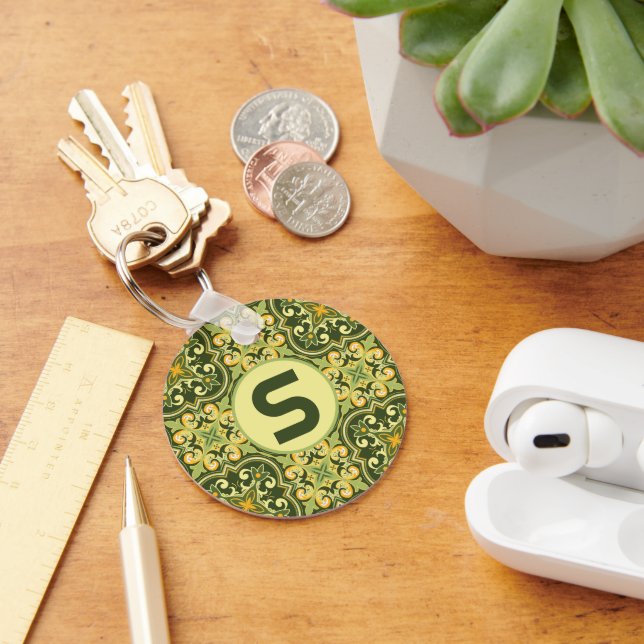 With initial💚💛 olive and yellow Azulejos Key Ring (Desk)