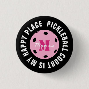 With initial pickleball court is my happy place, 3 cm round badge