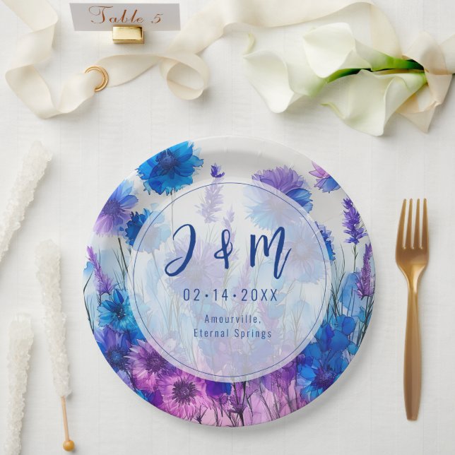 💍 With initials Cornflowers and Lavender Elegance Paper Plate (Wedding)