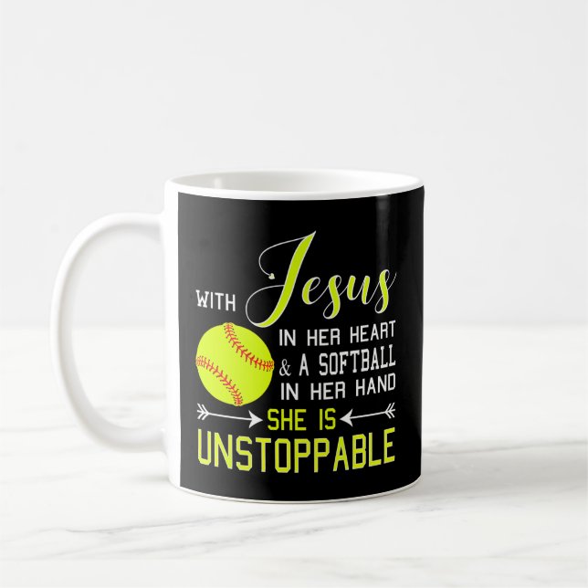 With Jesus In Her Heart A Softball Hand She Is Uns Coffee Mug (Left)