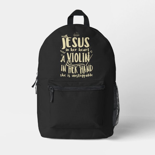 With Jesus In Her Heart A Violin in Her Hand Printed Backpack (Front)