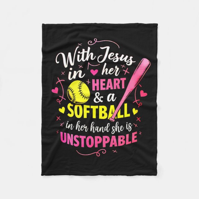 With Jesus In Her Heart And A Softball She Is Unst Fleece Blanket (Front)