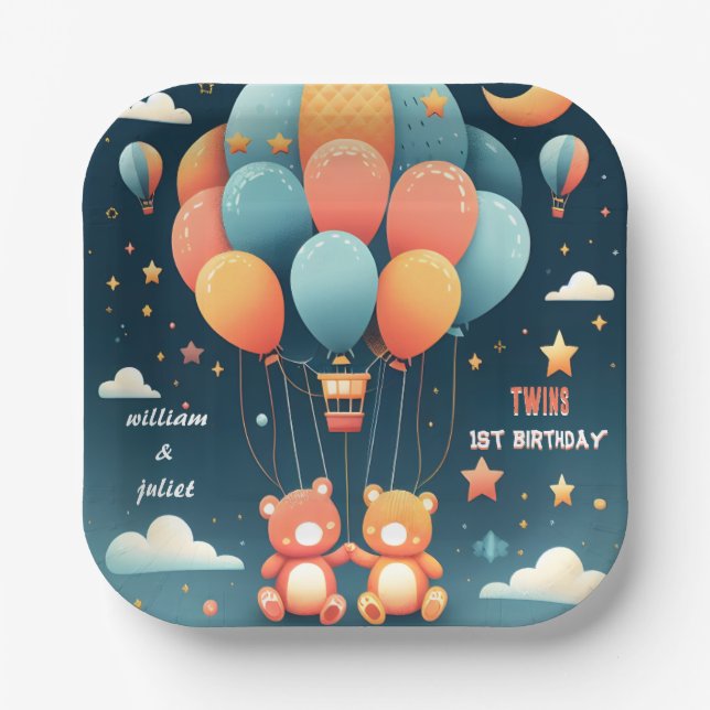 With joint bear Hot Air Balloon Twins 1st Birthday Paper Plate (Front)