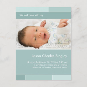 With Joy Blue/Aqua • Baby Announcement Postcard