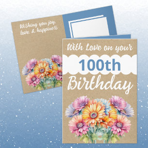 With love 100th birthday gerbera flowers blue card