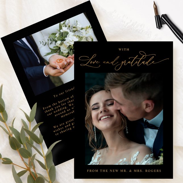 With Love and Gratitude, Black Gold Photo Wedding Thank You Card (Creator Uploaded)