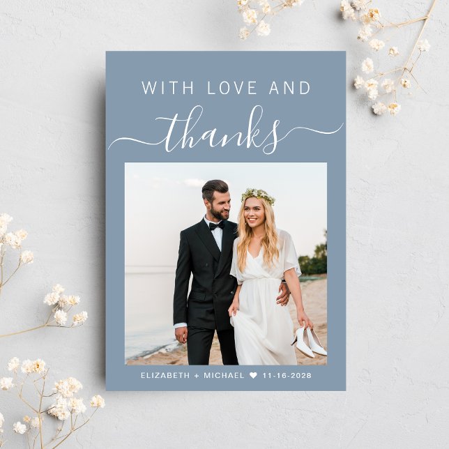 With Love And Thanks Photo Dusty Blue Wedding Thank You Card (Celebrate your love story with a thank you card showcasing your favorite wedding day photo)