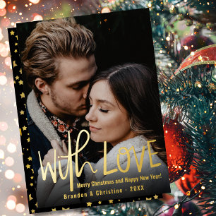 With Love Black Gold Stars Photo Merry Christmas Foil Holiday Card