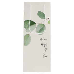 With Love, Custom Names Eucalyptus Cream Wedding  Wine Gift Bag