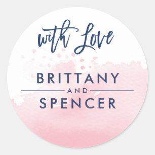 WITH LOVE cute hand lettered navy pink watercolor Classic Round Sticker