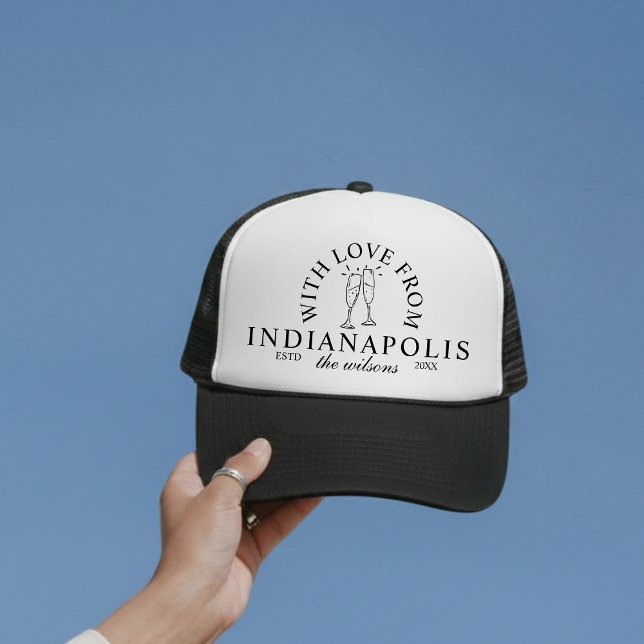 With Love From Destination Wedding Merch Trucker Hat (Ditch the expected wedding favors and gift your wedding guests something they'll actually use!)