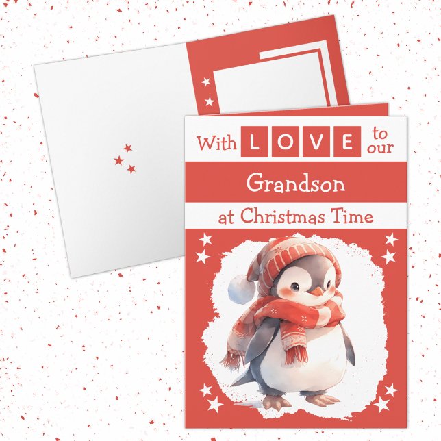 With love grandson penguin red Christmas Holiday Card (Creator Uploaded)