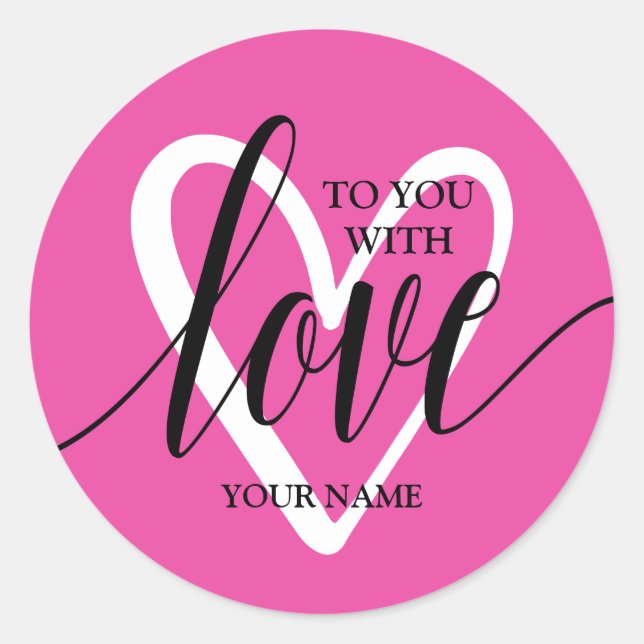 With Love Heart on Hot Pink Classic Round Sticker (Front)