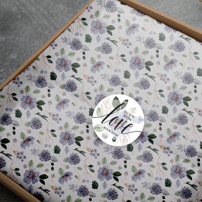 With Love on Purple Flower Classic Round Sticker (Cute small sticker used on our matching tissue paper in our collection.)