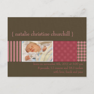With Love Pink/Brown • Birth Announcement Postcard