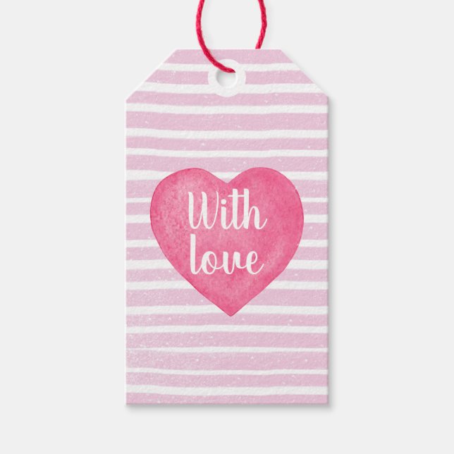 With Love Pink Heart Stripes Gift Tag (Front)
