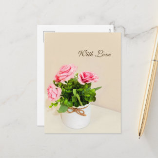 With Love Pink Roses Holiday Postcard