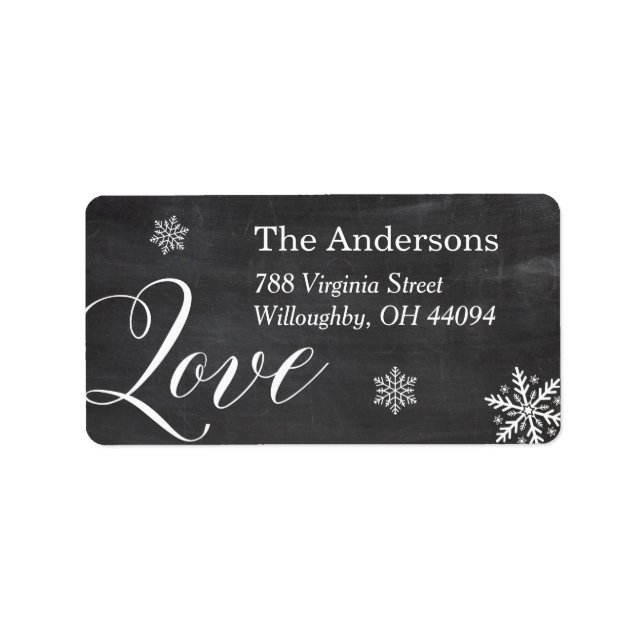 With Love Script Black White Chalkboard Snowflakes Label (Front)