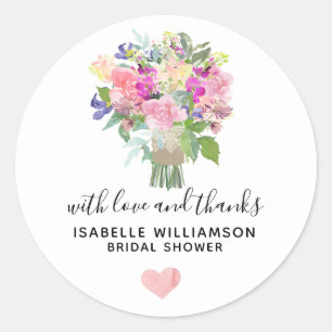 With Love & Thanks Bridal Shower Flowers & Heart Classic Round Sticker
