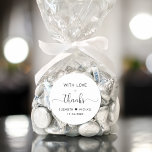 With Love Wedding Thank You Classic Round Sticker<br><div class="desc">Elegant thank you sticker for your wedding reception favours and thank you cards featuring "With Love   Thanks" in simple modern typography and a stylish elegant script with swashes,  your first names joined together by a heart and your wedding date.</div>