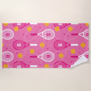 With monogram Pink & white tennis racket pattern Beach Towel