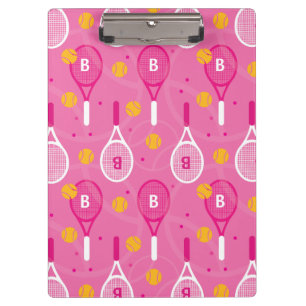With monogram Pink & white tennis racket pattern Clipboard