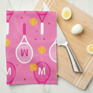 With monogram Pink & white tennis racket pattern  Tea Towel