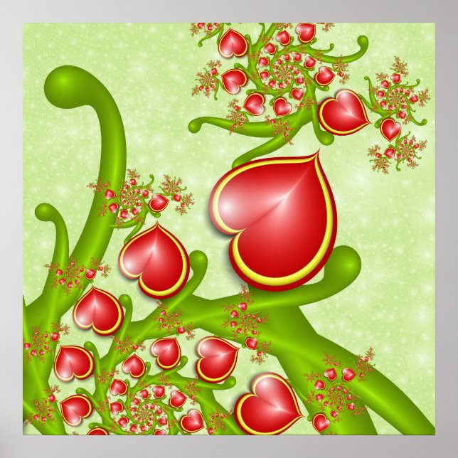 With much Love Red Yellow Hearts Fractal Art Poster (Front)