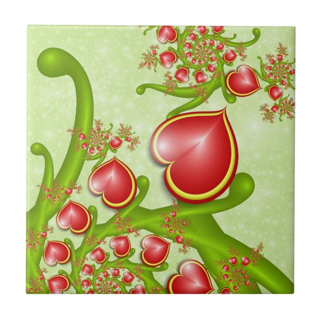 With much Love Red Yellow Hearts Fractal Art Tile (Front)