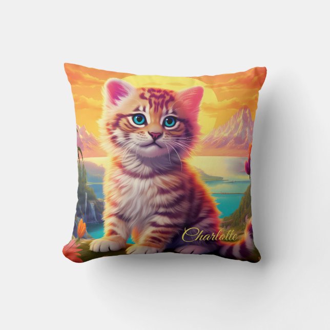 😺With name  Beautiful cat  with sunset Cushion (Front)
