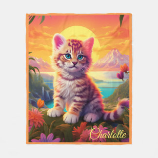 😺With name  Beautiful cat  with sunset Fleece Blanket