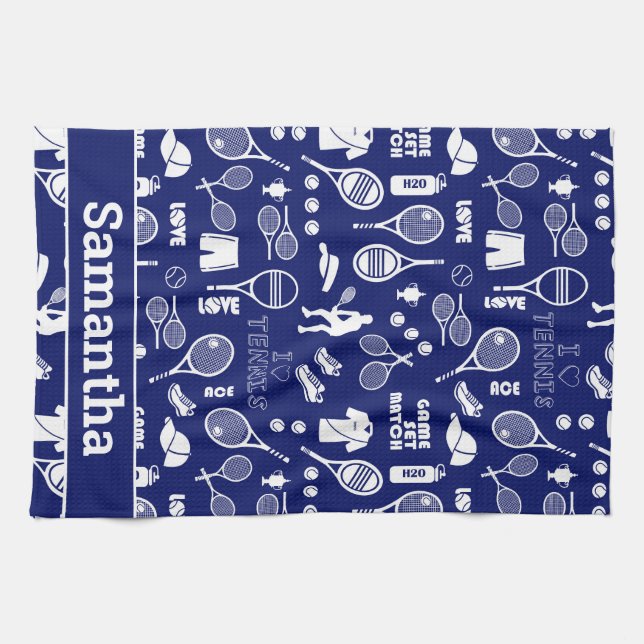 With name 🎾blue and white tennis🎾 tea towel (Horizontal)